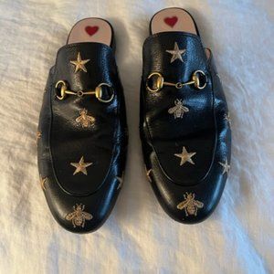 Gucci Goatskin Bee Star Embroidered Women's Princetown Slippers 42 Black